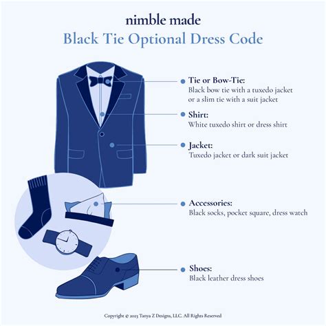Black-tie optional. Black Tie Optional · Women. Formal (floor length) evening gown; Dressy cocktail dress; A “little black dress”; Dressy separates · Men. Tuxedo (see “Black Tie” ..... 