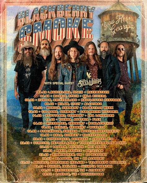 Blackberry smoke tour. Explore the discography of Blackberry Smoke, the Southern rock band that blends country, blues, and hard rock. Find CDs, DVDs, and vinyl records of their albums, including their latest release, 'Be Right Here'. Listen to their music and join their fan community. 