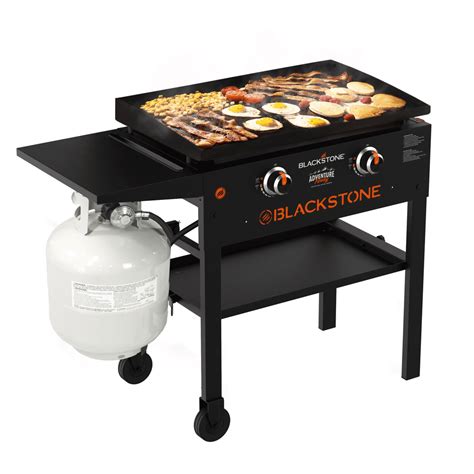 Total BTU 60,000 (15,000 per burner) Quick push-button ignition; Griddle top is easily removable; Reinforced side shelving and lower shelf with lip; Large drip pan included; 4 industrial strength, caster wheels (2 are lockable) Sturdy steel frame is powder coated; Easy assembly; assembly is required; Includes Blackstone Introductory Griddle ....