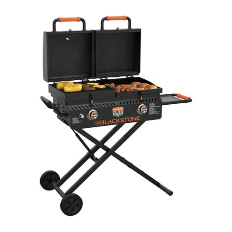Description. Cooking on the go just got an upgrade! Blackstone's On the Go 17" Tailgater Combo comes with a 17" Griddle and a 17" Grill Box, perfect for pleasing a crowd. Set up and take down takes no time for the big game or backyard BBQ with its scissor leg design. Simply release collapse the stand, latch grill box, hoods and legs in place .... 