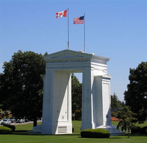 Blaine peace arch. Signed December 24th, 1814. The Peace Arch was created to commemorate the centennial (1814-1914) of the signing of the Treaty of Ghent which ended the war of 1812. USA Canada Treaty of Ghent and other U.S. Canada and Pacific Northwest Treaty History that is related to the Peace Arch and the U.S. Canada boundary history. 