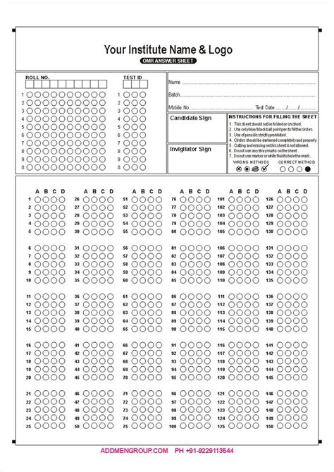 Blank Answer Sheet Template 150 Database