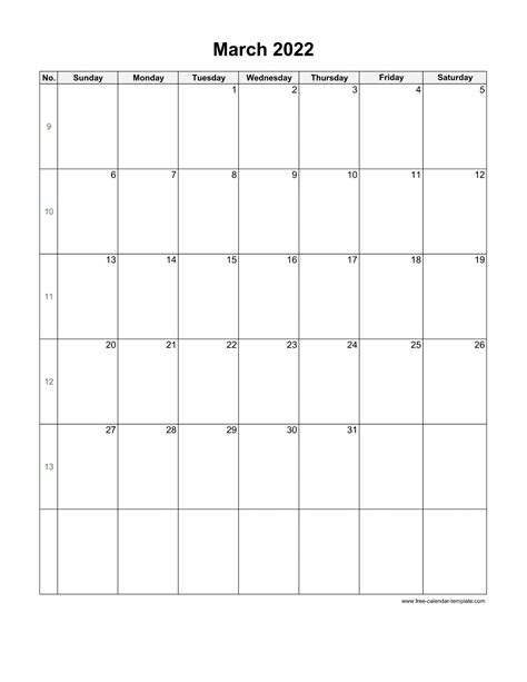 Blank Calendar March 2022 Editable