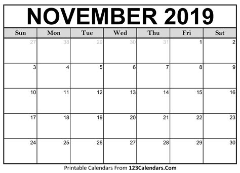 Blank Calendar Of November