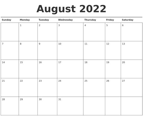 Blank Calendar Template August 2022