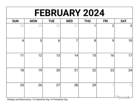 Blank February 2024 Calendar Printable