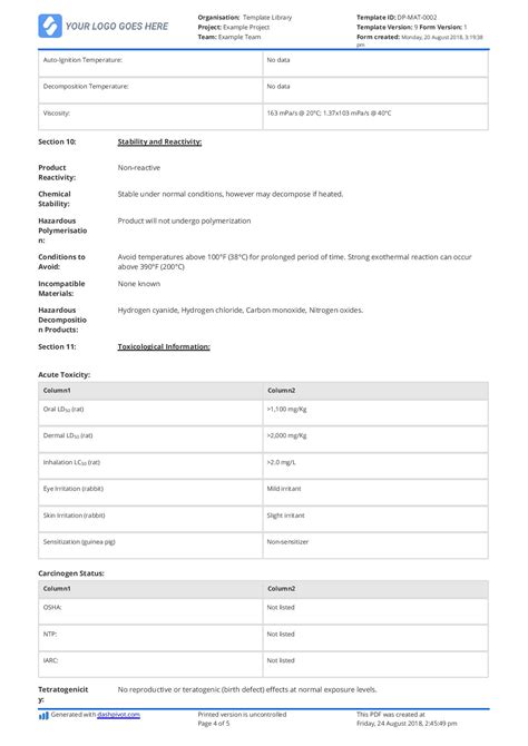 Blank Material Safety Data Sheet Template