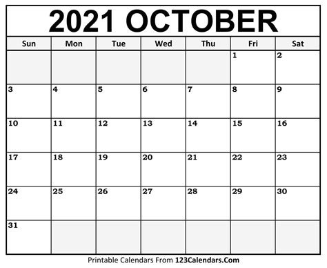 Blank October 2021 Calendar Printable