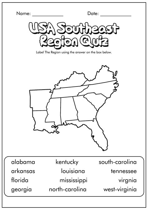 Blank southeast region map. Description. Southeast States Maps. Page 1 - Answer Sheet. Map with each state labeled. Page 2 - Practice Sheet or Quiz Page. Blank map with word bank. (Great to put in a dry erase sleeve and have student practice labeling each state!) Total Pages. 2 pages. 