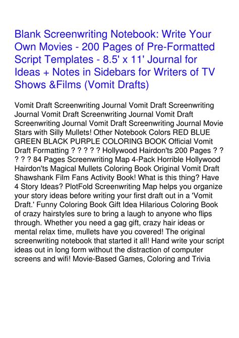 Read Online Blank Screenwriting Notebook Write Your Own Movies  200 Pages Of Preformatted Script Templates  85 X 11 Journal For Ideas  Notes In Sidebars For Writers Of Tv Shows  Films Vomit Draft By Pe Robinson
