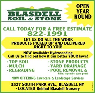 Blasdell topsoil. Oct 29, 2020. Blasdell Soil & Stone Home Improvements Ads from Hamburg Sun News Call Us 822-1991. Save this Ad ... 