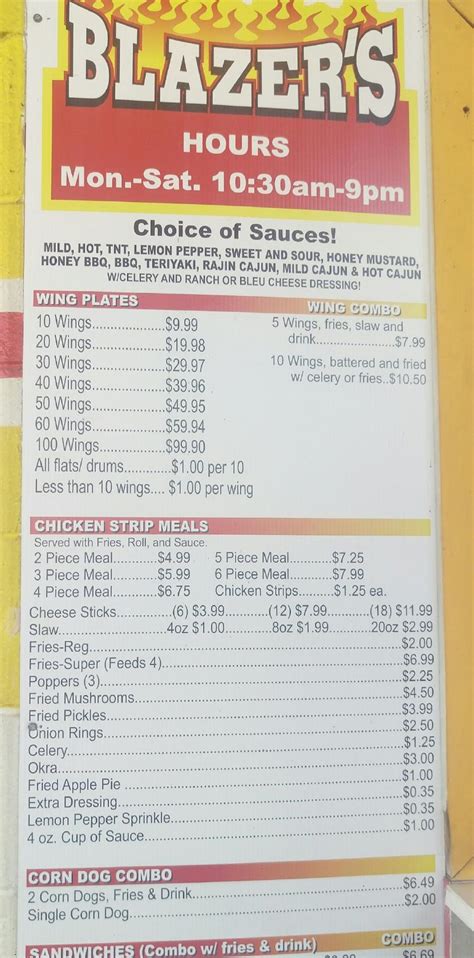View the online menu of Blazers Hot Wings Of Hartwell and other restaurants in Hartwell, Georgia. Blazers Hot Wings Of Hartwell « Back To Hartwell, GA. 0.80 mi. Chicken Wings $$ 706-376-4900. 442 W Howell St, Hartwell, GA 30643. Hours. Mon. Closed. Tue. 11:00am-8:00pm. Wed. ... Blazers Hot Wings caters to families as well, providing a children .... 