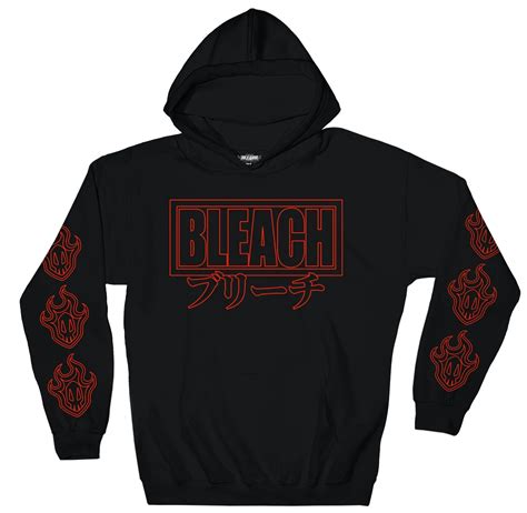 Bleach hoodie. Rest of the world. $40.00. Officially licensed and exclusive to Crunchyroll! 80% cotton / 20% polyester fleece blend Midweight (8.25 oz./sq. yard) Fully lined hood Pouch pocket Ribbed cuffs and waistband Matching drawcord Pigment dyed--this dying process makes each T-shirt unique. There will be differences between what is shown and your product. 