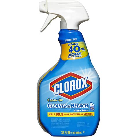 Bleach spray bottle. This 128 ounce refill bottle with a screw-top lid and easy-pour handle will refill four 32 ounce spray bottles, which will save you time and money. This disinfectant cleaner leaves your home sparkling clean and smelling fresh. Clorox Clean Up Cleaner with Bleach gets the job doneThe Clorox Clean Up Cleaner with Bleach gets the job done. 