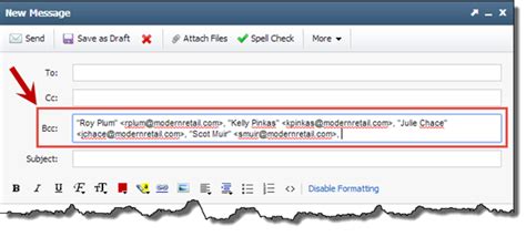 Click on the "Show Cc & Bcc" button. In the new message window, to the right of the "To" field, there's an option labeled "Show Cc & Bcc". Click on it. The "Cc" field (Carbon Copy) and the "Bcc" field (Blind Carbon Copy) will appear below the "To" field. Enter the email addresses in the "Bcc" field.. 