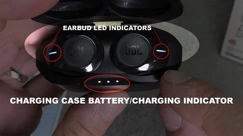 Blinking white light jbl earbuds.  RED light ON: Power OFF, charger conn...