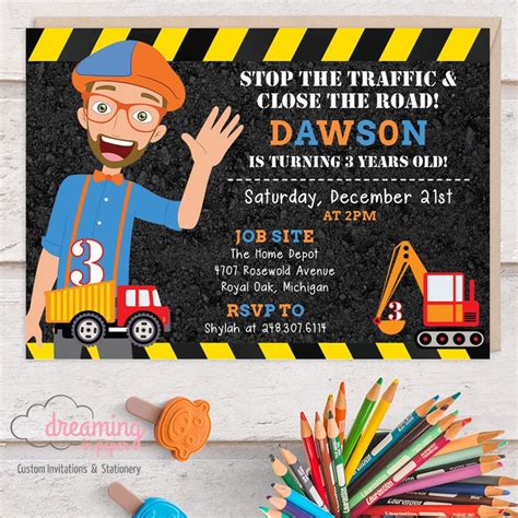 Blippi Construction Vehicles Birthday Invitations Dreaminginpaper