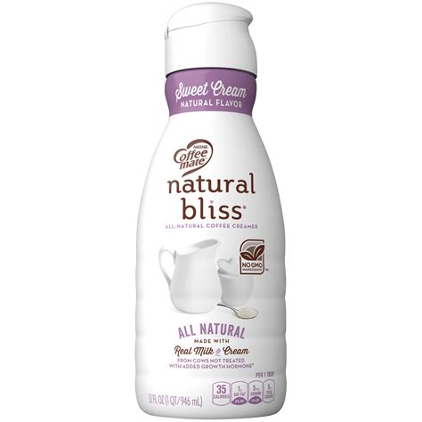 Bliss coffee creamer. Natural Bliss Coffee-Mate liquid creamer is made with real milk and real cream, with no artificial colors or flavors. Add bliss to your cup with this sweet cream dairy creamer that makes about 90 servings. Store this creamer in the refrigerator after opening. Ingredients: Skim Milk, Cream, Sugar, Buttermilk, Soybean Oil, Gellan Gum, Natural Flavor. 