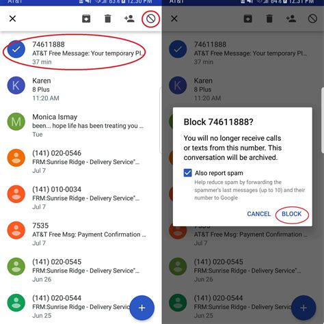 Block messages. 1. From the home screen, select the Messages app. 2. Select the desired message thread, then select the Contact icon at the top of the screen to get the Contact options. Select the Info icon. 3. Scroll to and select Block this Caller, then select Block Contact to confirm.. 