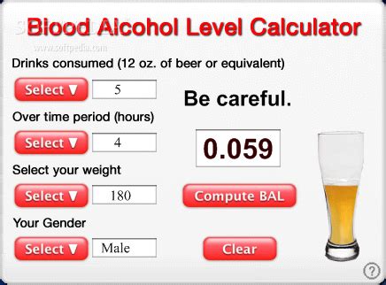 The BAC Calculator adds up the alcohol content of all drinks and calculates your current alcohol level on the basis of the other individual entries. Please select a drink and enter the alcohol content in percent and the consumed amount . With the help of the "Add beverage" button, you can add more drinks. 