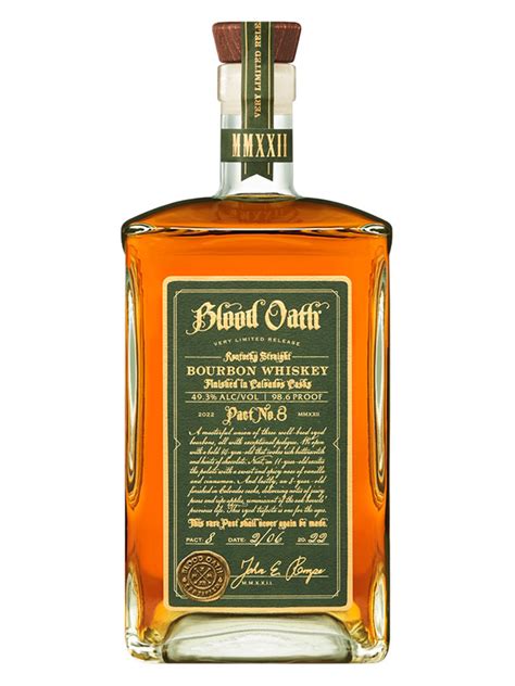 Blood oath pact 8. A masterful union of three well-bred bourbons. One, a 14-year ryed bourbon. Two, an 11-year ryed bourbon. And three, and 8-year ryed bourbon finished in Calvados casks from the Normandy region of France to impart slight apple on the nose with hints of vanilla and cinnamon. With each sip, feel transported to Northern Fr 
