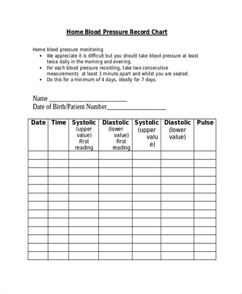 Blood pressure recording chart. 4 min read. 30 Free Blood Pressure Log Sheets and Charts (Word | PDF) Blood pressure refers to the intensity of the physical force which blood exerts in the vessels of the … 