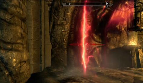 Bloodskal barrow escape. When you use power attacks with the bloodskal blade it will shoot out a red energy beam. You need to aim these beams at the red lines on the outside of the door. First will be two red horizontal lines to aim for on the left and right side of the door. 