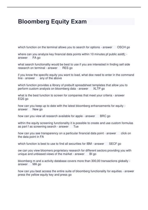 Bloomberg Equity Essentials Exam Answers