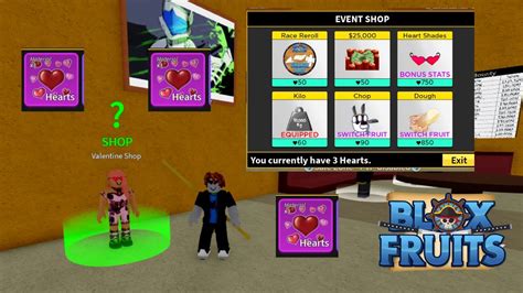 Blox fruit valentine shop. During the Valentine's Event, players can trade in their Hearts to the Valentine's Shop for exclusive Limited-Time accessories, random Blox Fruits on stock, and more. Trivia [] Regardless of the number of friends, the boost caps at 45% at 3 friends. It is recommended to friend people in the server and unfriend once you leave to maximize the boost. 