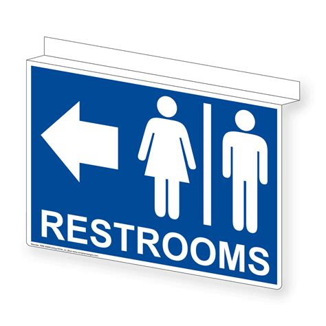 Blue Ceiling-Mount Accessible RESTROOMS Left Sign With Symbol