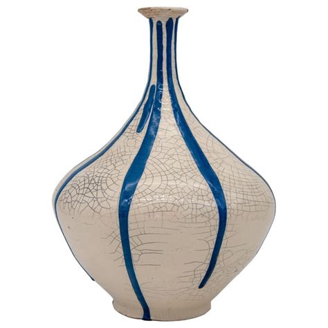 Blue and White Stripe Pottery Vase For Sale at 1stDibs