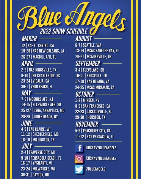 Blue angels training schedule. 10 · 11 | Fort Lauderdale Beach, FL | Fort Lauderdale Air Show . 17 · 18 | Martinsburg, WV | West Virginia's Greatest Air Show . 21 | USNA, Annapolis, MD | U.S ... 