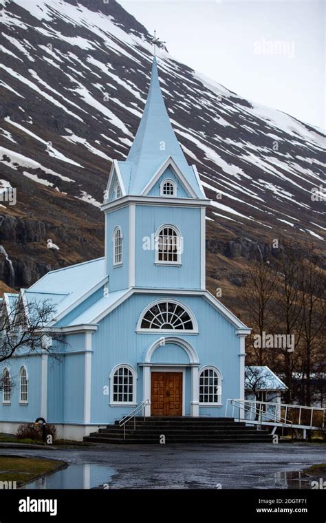 Blue church at Seydisfjordur on Iceland Stock Photo - Alamy