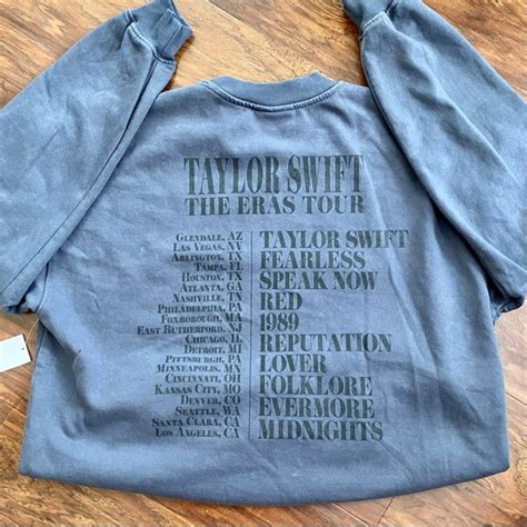 Blue crewneck taylor swift eras tour. The list will be reset for the 2024 shows. Here's the full list of all the Surprise Acoustic Songs Taylor has performed on The Eras Tour so far: 'mirrorball' and 'Tim McGraw' (Glendale, AZ – Night 1) 'this is me trying' and 'State of Grace' (Glendale, AZ - Night 2) 'Our Song' and 'Snow on the Beach' (Las Vegas, NZ – … 