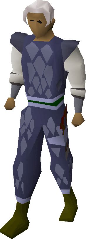 A player wearing trimmed blue dragonhide armour. Blue d'hide trimmed armour is a set of Ranged armour that has identical bonuses as Blue d'hide armour. Pieces of the armour can be obtained as rewards from hard Treasure Trails. The set consists of only body and chaps.. 