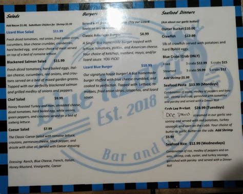 Blue lizard bar and grill menu. Blue Lizard Bar and Grill menu. Menus of restaurants nearby. MOMO Kitchen & Market menu #2 of 111 places to eat in Ladson. Nigels Good Food menu #4 of 111 places to eat in Ladson. Two Keys Tavern menu #12 of 111 places to eat in Ladson. View menus for Ladson restaurants. American. 14 restaurants. 