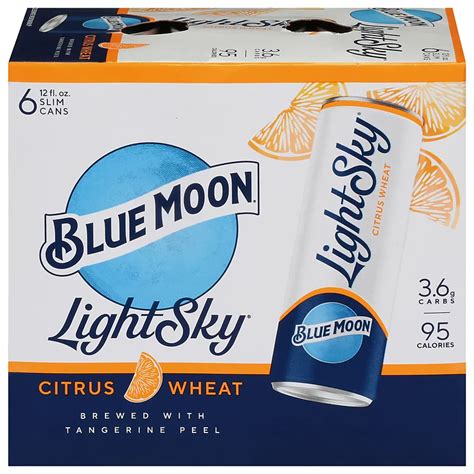 Blue moon light sky. You'll get six 12-ounce beer cans of Blue Moon Light Sky Wheat Beer. Low-calorie craft beer with 95 calories and 3.6 grams of carbs per serving and 4% ABV. Enjoy this light beer brewed with real tangerine peel for a refreshing citrus taste. Choose this session citrus beer for pairing with grilled seafood, street tacos or a summer salad. 