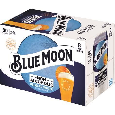 Blue moon non alcoholic beer. Beer, Hard Seltzer & Cider Non-Alcoholic Beer At under 0.5% alcohol by volume with 80 calories, Blue Moon Non-Alcoholic Belgian White is light and refreshing, and brewed with the same Valencia orange peel that’s made its namesake the No. 1 craft beer in America. 