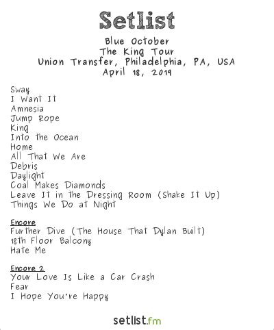 Blue october setlist fall 2023. Get the Blue October Setlist of the concert at 107.3 Alternative Cleveland - Rubber City Radio, Akron, OH, USA on September 18, 2023 from the Spinning the Truth Around (Part II) Tour and other Blue October Setlists for free on setlist.fm! 