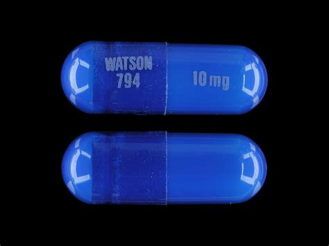 10 mg capsules: Clear Dark Blue cap/Clear Dark Blue body hard gelatin capsules, imprinted with white ink WATSON over 794 on cap and 10 mg on the body. 20 mg tablets: Blue, round, unscored, flat-faced, beveled-edge tablets, debossed WATSON and 795 on the periphery on one side and plain on the other side.. 
