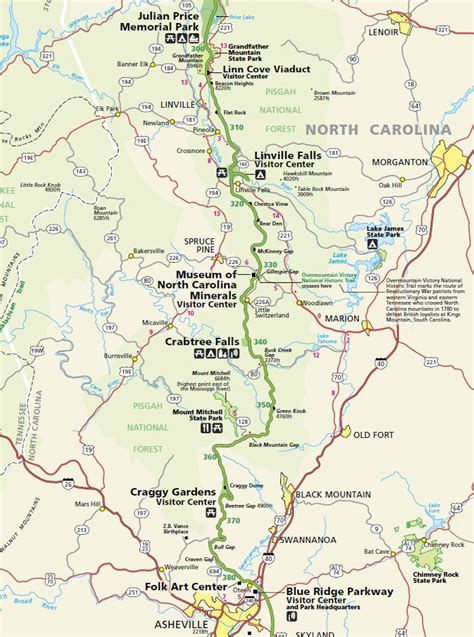 Blue ridge parkway nc map. Also included are the higher elevations of The Blue Ridge Parkway (between Asheville NC and Cherokee) and Great Smoky Mountains National Park. October 9 - 16 Peak time for elevations from 4,000 - 5,000 feet. 