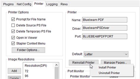 Solution. There are two possible solutions: Restart the Port Monitor and reinstall the printer. Select Start and type Bluebeam Administrator. ….