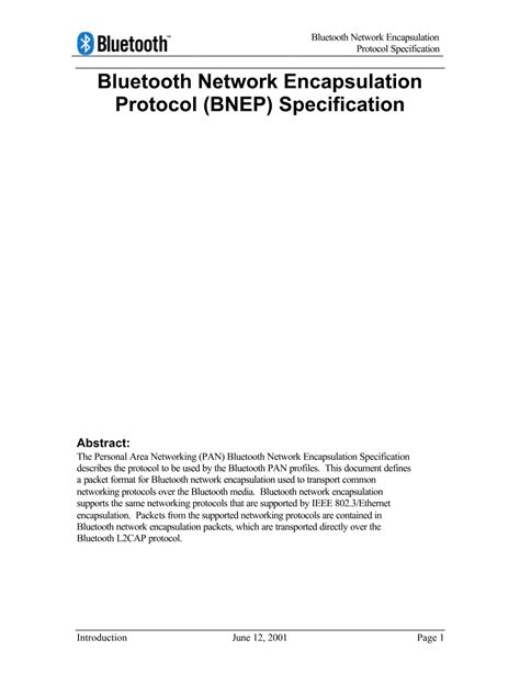 Bluetooth Network Encapsulation Protocol (BNEP) Specification