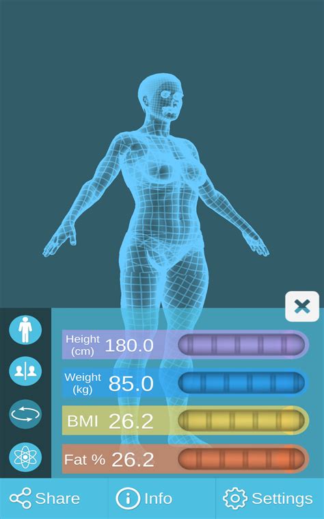 Bmi visualizer 3d. BMI Visualizer Body Mass Index ( BMI ) is calculated using your height and weight and is approximately related to body fat percentage. BMI visualizer (app) - posted in Starting at a higher BMI : I just found an app called BMI 3D (body mass index calculator) and it lets you put in height, weight and fat percentage (kind of inaccurate on the. 