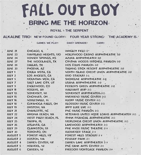 Bmth fall out boy tour setlist. Get the Fall Out Boy Setlist of the concert at London Stadium, London, England on June 24, ... Photos + Review: Fall Out Boy and BMTH in Los Angeles. Jul 5, 2023. Fall Out Boy Kick Off Stardust Tour with Live Debuts . Jun 22, 2023. London Stadium, London, England. Jun 24, 2022. 