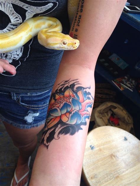 Boa Constrictor snake checking out my lotus tattoo Lotus tattoo