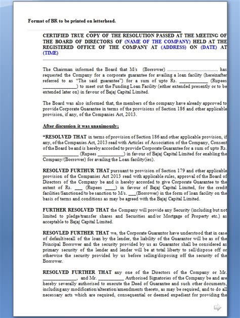 Board Corporate Format Guarantee For Resolution