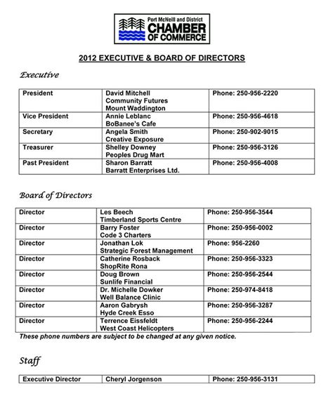 Board Of Directors List Template