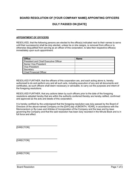 Board Resolution Appointing Officers Template