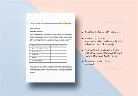 Board Resolution Appointing Officers Template Google Docs, Word